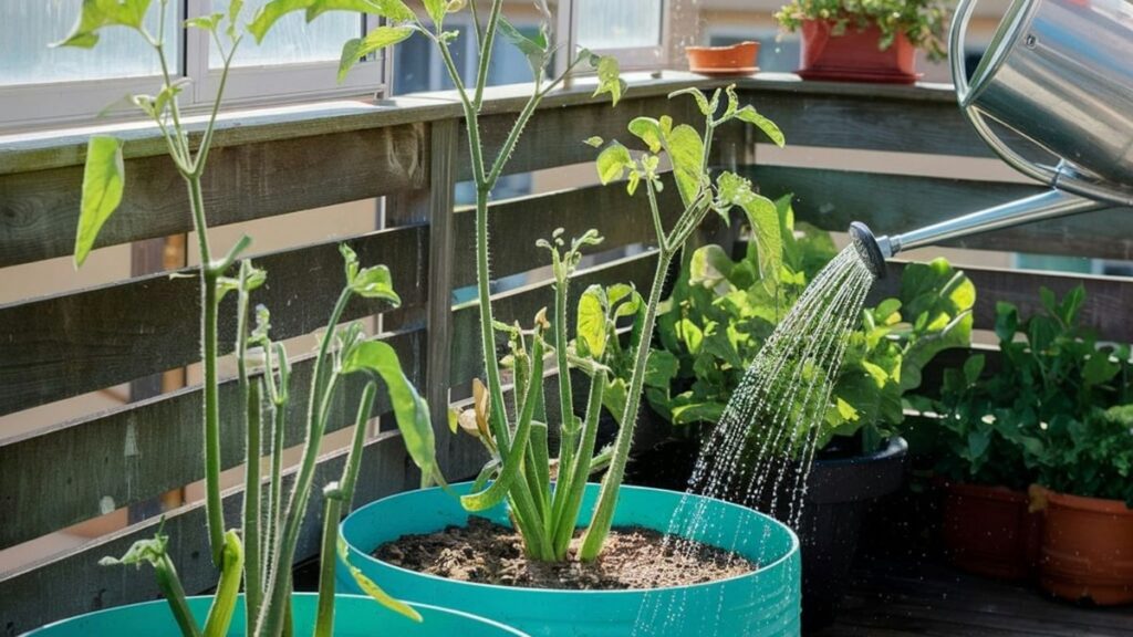 Potten met zomergroenten op een zonnig balkon