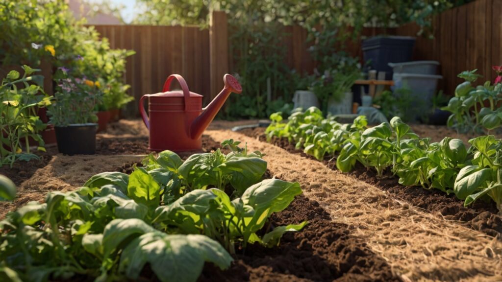 Moestuin met tomatenplanten en groenten in zonlicht, naast een gieter — klaar voor de vakantie